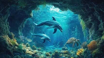 Obraz premium Deep sea cave landscape with seaweed, reef, dolphins, and turtles