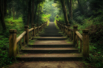 Fototapeta premium A photo of a redwood forest with numerous trees and stairs leading up to it. The forest is beautiful, with a green, mossy ground and a path in the middle of the frame 