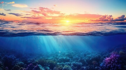 Obraz premium Design template with underwater part and sunset skylight split by waterline