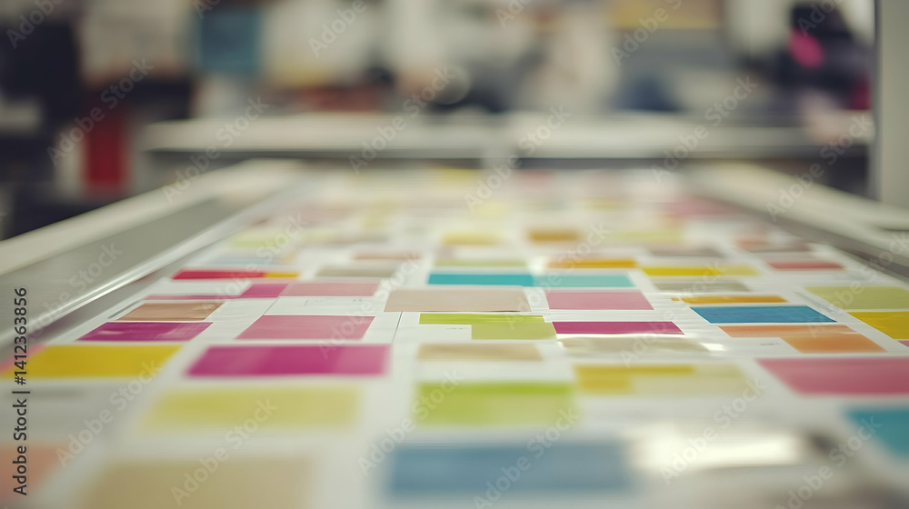 Poster colorful array of paint swatches on a table in a creative workspace with blurred background activity