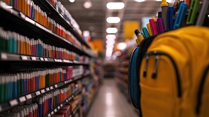 Obraz premium School supplies aisle, store, backpack, colorful pens and markers