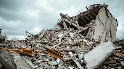 Obraz premium Destroyed building debris scattered against gray sky background.