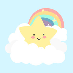 Cute stars, clouds, rainbow on white background.