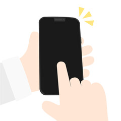 Hand holding mobile phone and hand touching blank white screen on purple background. Communication, Social media. Online technology, Internet. 