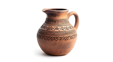 Vintage clay jug with decorative patterns isolated on white background