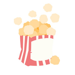 Fluffy fresh popcorn seeds in carton stripped box isolated on white background.