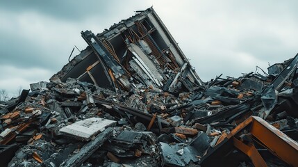 Destroyed building debris scattered against gray sky background.