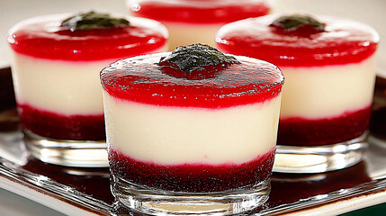 Gourmet layered desserts, likely panna cotta, with red berry jelly served in individual glasses.