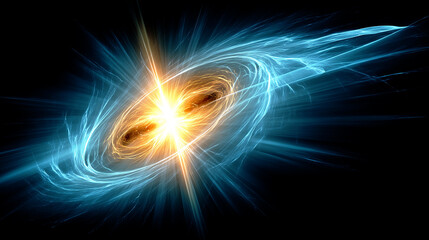 Abstract representation of cosmic energy: Glowing core with swirling blue light fields in space.