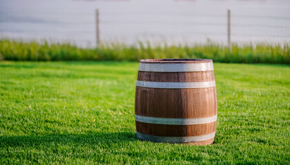 Obraz premium Large wooden barrel on green grass.