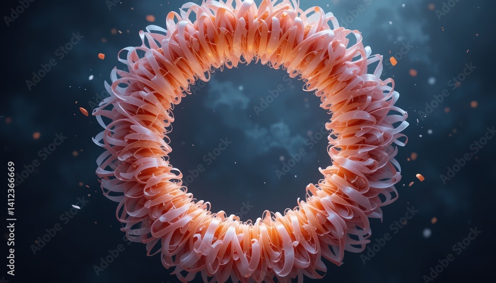 Poster dynamic circular structure abstract art installation digital artwork dark environment close-up persp