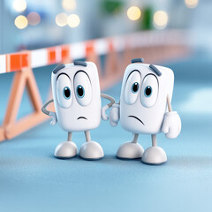 Obraz premium Concept of facing obstacles: Two sad cartoon characters stopped by a roadblock barrier.