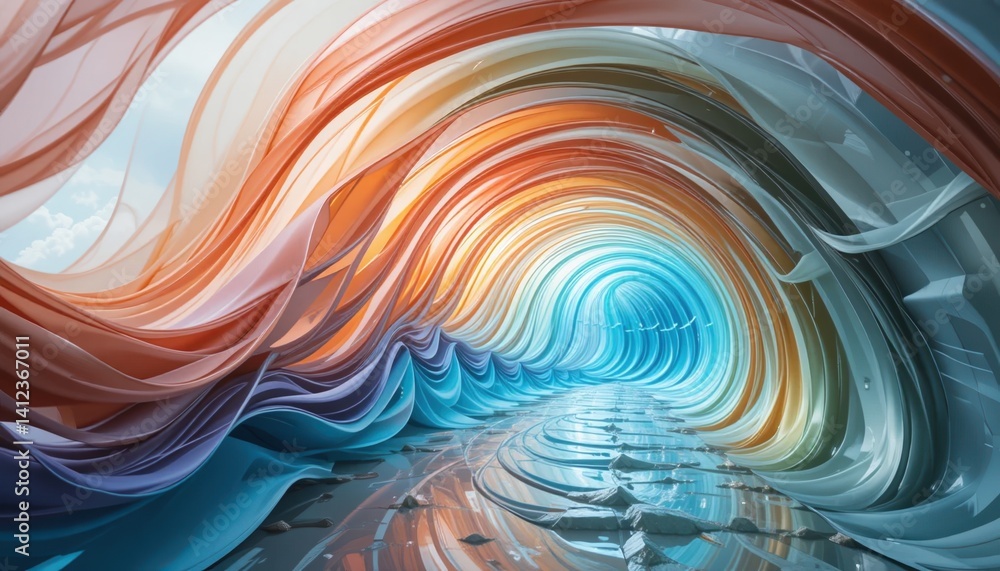 Poster dynamic waves of color flowing through an abstract tunnel digital art representation vibrant environ