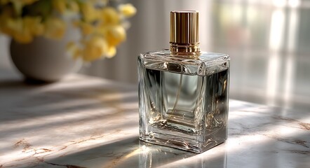 Square Glass Perfume Bottle with Gold Cap on Marble Table &ndash; Elegant Mockup Template with Soft Shadow for Product Design