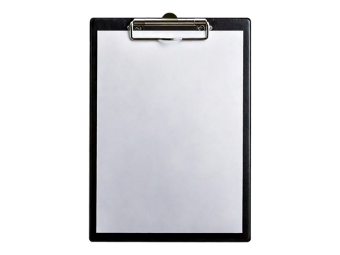 Clean, minimalist image of a black clipboard with blank white paper. Perfect for showcasing your designs, presentations, or as a simple office background.
