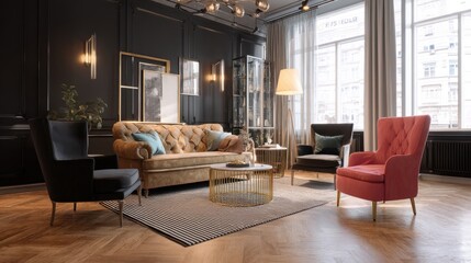 A luxurious living room with a tan Chesterfield sofa, coral armchair, and dark-colored wingback...