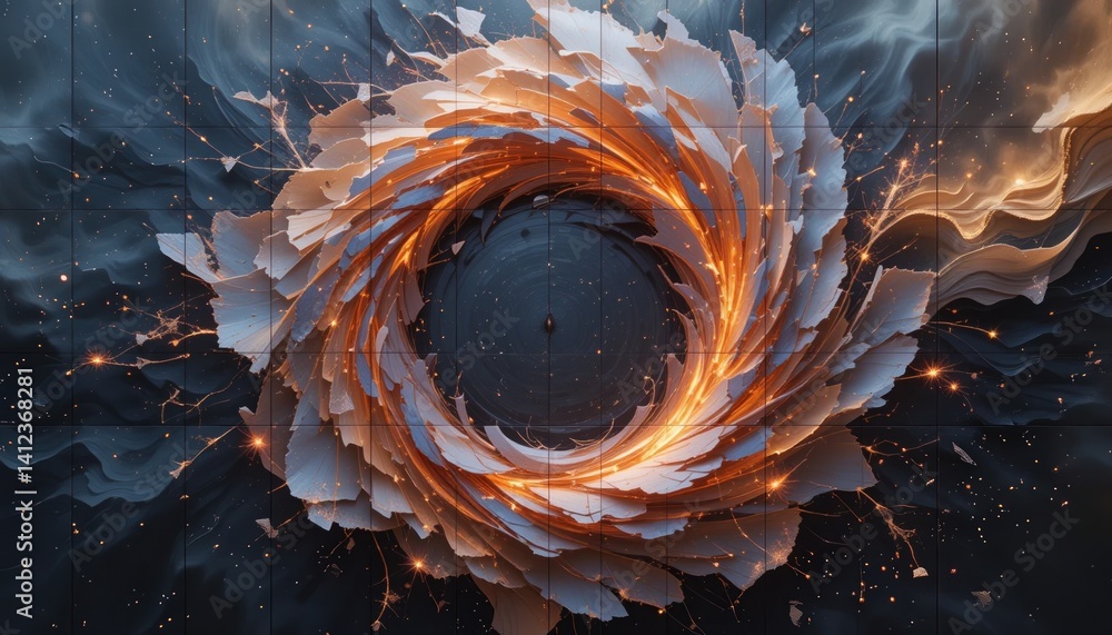 Poster dynamic spiral of flames and shattered paper artistic visualization digital art abstract environment