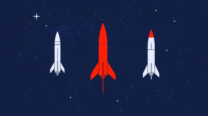 Colorful Rocket Launching Illustrations Set Against Dark Space Background with Stars and World Map Design Elements