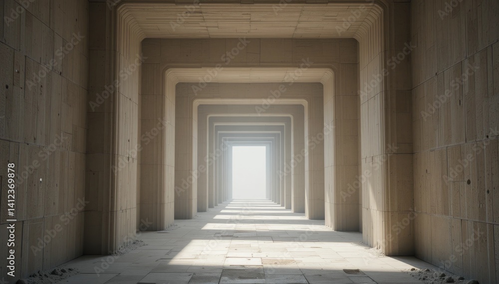 Poster exploring infinity abstract architectural passageway digital environment visual art minimalistic per