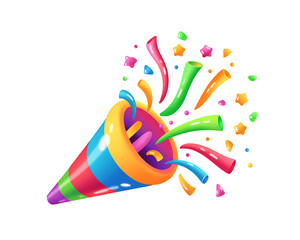 A vibrant rainbow party horn explodes with colorful confetti, celebrating joy and festivity.