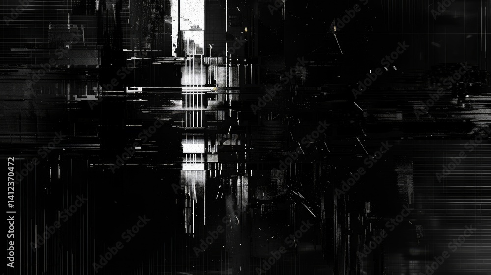 Poster abstract of complex glitch with pixel effect in dark background use shading and monochrome to expres