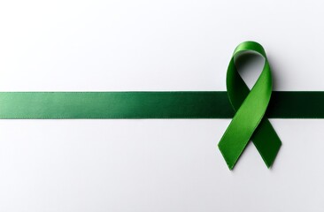 The symbolic green ribbon for cancer awareness is set against a white background, highlighting issues of organ donation and mental health