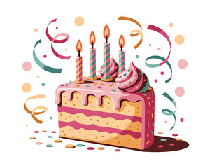 A delicious slice of birthday cake with candles, frosting, and confetti.