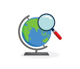 Cartoon world globe with stand and magnifying glass 2d vector icon on white background. Globe of planet Earth for concept of research the planet, kids learning or world traveling. Vector illustration