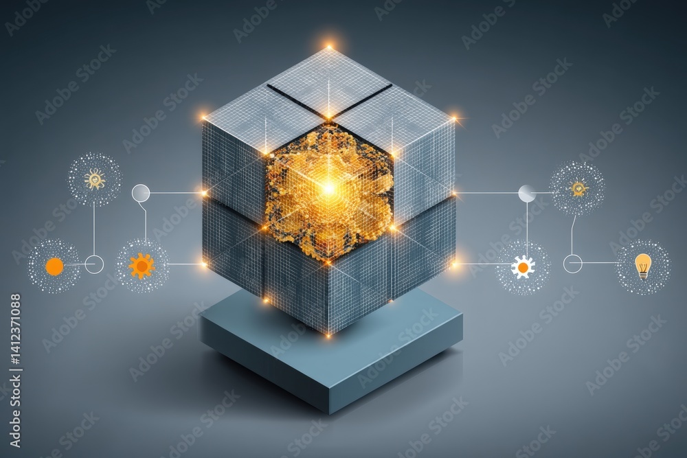 Poster a digital representation of a glowing cube, symbolizing innovation and technology, surrounded by int
