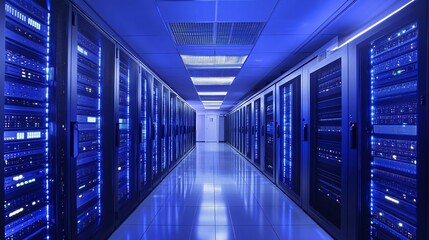 Fototapeta premium Server room with rows of computer servers illuminated in blue light.
