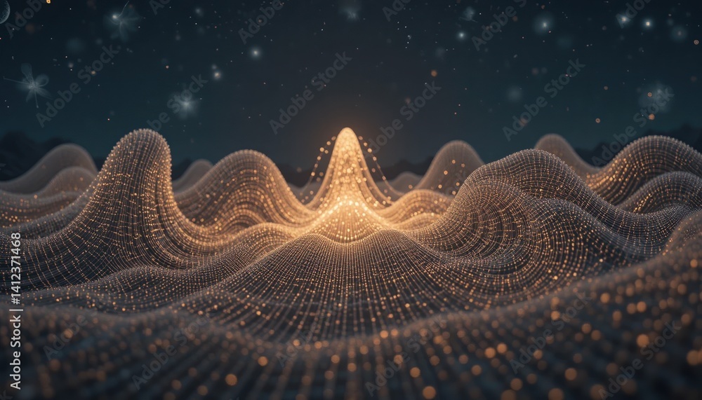 Poster dynamic wave patterns in a digital landscape virtual environment abstract art nighttime view concept