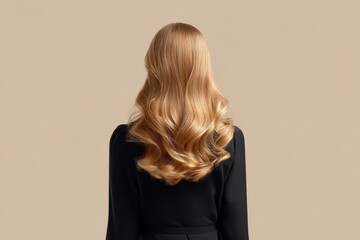 Naklejka premium A beautiful blonde woman with an ombre wavy hairstyle is posing in a studio on a beige background, showcasing her long healthy hair and stylish makeup