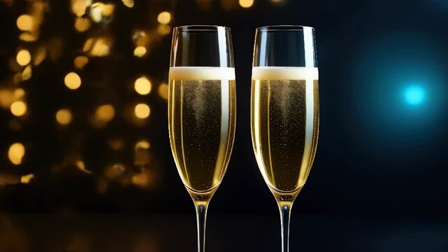 Sparkling champagne in elegant flutes celebrates a joyful occasion with festive bokeh lights