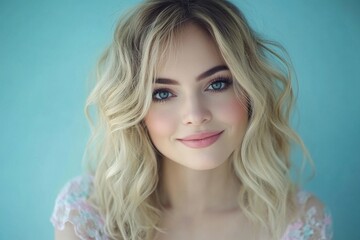 Naklejka premium A beautiful young blonde woman with long hair is captured in a portrait, gazing at the camera with a smile