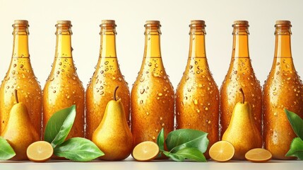 Row of pear cider bottles, glistening with condensation, surrounded by fresh pears and citrus fruits