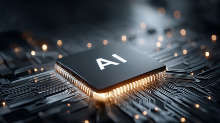AI chip on digital screen, futuristic interface, isolated on dark background