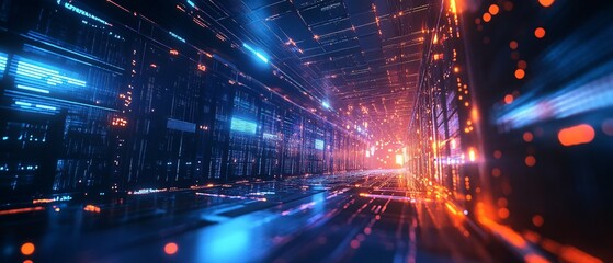 Obraz premium Abstract digital background with blue and orange light trails and geometric shapes.