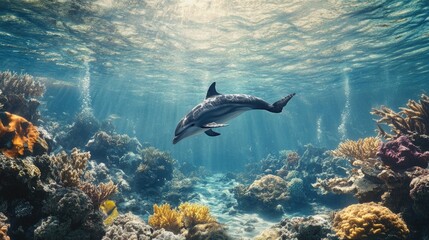 Obraz premium Dolphin underwater on reef approaching