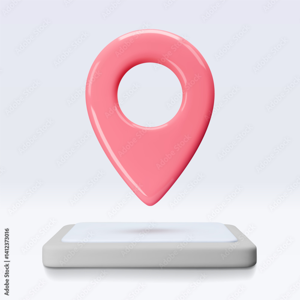Poster red location pointer om tablet, placemark, marker of map, navigation pin sign. 3d gps icon with shad