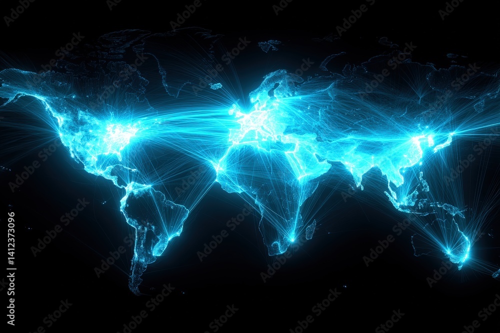 Poster a digital representation of a world map illuminated with glowing blue connections, symbolizing globa