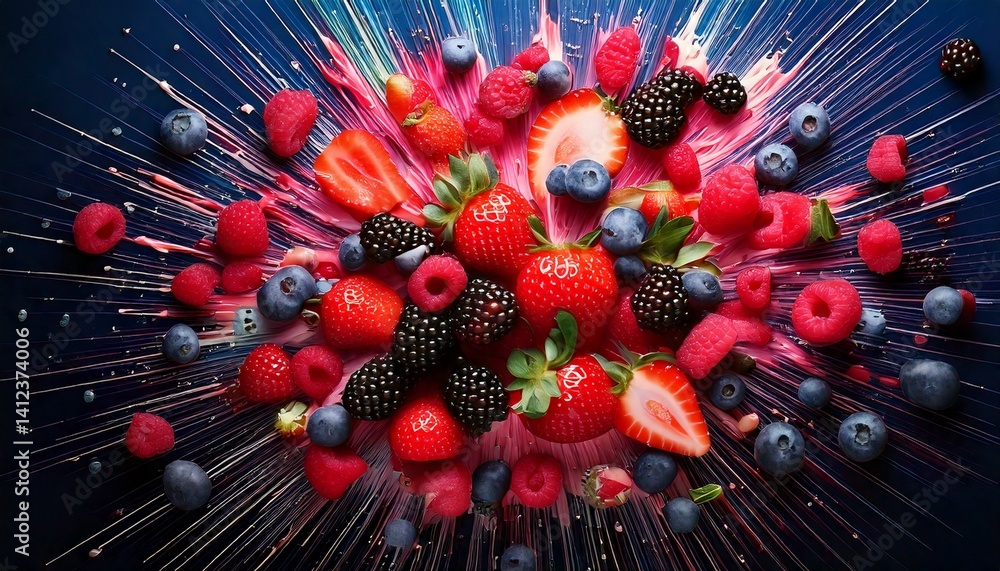 Aufkleber compose a dynamic scene with various berries—strawberries, blueberries, raspberries—exploding outwar