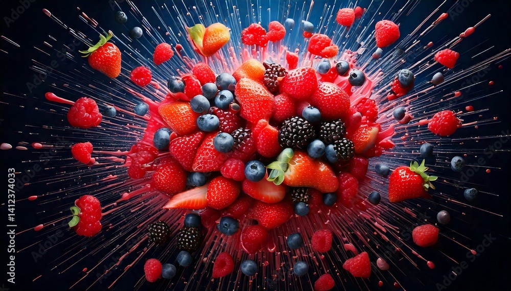 Aufkleber compose a dynamic scene with various berries—strawberries, blueberries, raspberries—exploding outwar