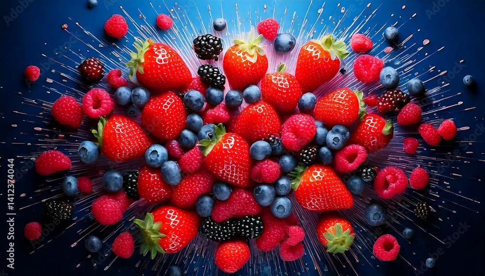 Aufkleber compose a dynamic scene with various berries—strawberries, blueberries, raspberries—exploding outwar