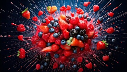 Compose a dynamic scene with various berries—strawberries, blueberries, raspberries—exploding outward in a radial pattern against a contrasting background.