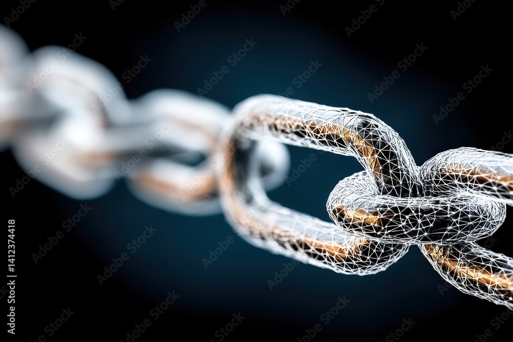 Poster a close-up of a stylized chain link rendered in a wireframe design, showcasing intricate details aga