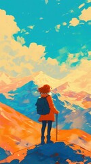 Breathtaking mountain vista with a female hiker enjoying the view, symbolizing adventure, freedom, and exploration. Perfect for travel blogs, outdoor gear ads, and inspirational content.