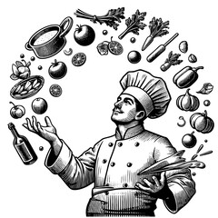 chef juggling fresh ingredients above a pan, perfect for culinary or restaurant branding engraving generative ai sketch PNG illustration