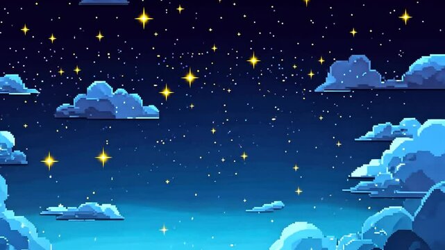 Pixelated Starry Night Sky with Clouds and Twinkling Stars Animation Background Loop