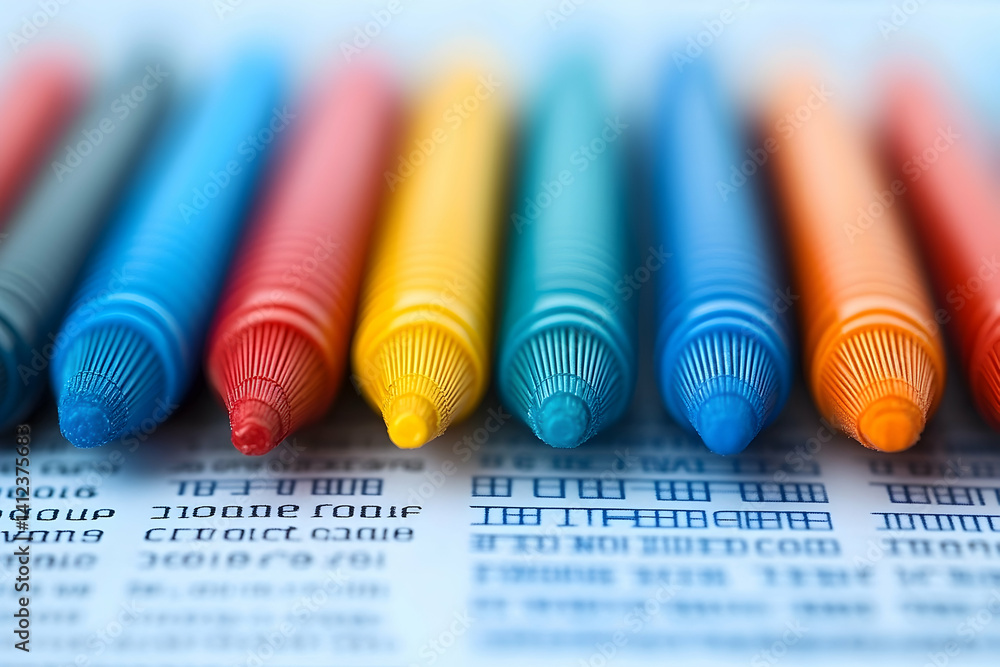 Poster colorful markers arranged in a row on a printed paper background with text and numbers