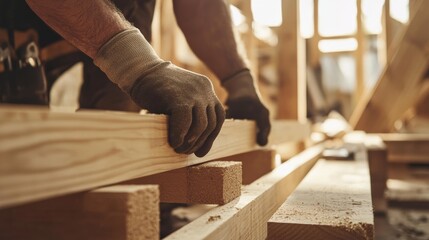 Carpenter installing wooden beams for a house structure. Featuring strength and craftsmanship